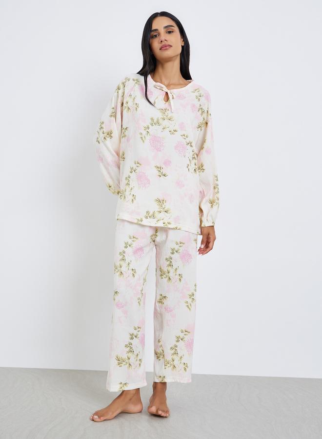 Styli Floral Print Relaxed Fit Top and Pyjama Set - Image 1